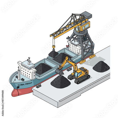Isometric illustration of a bulk carrier ship being loaded with coal at a port by a large crane and excavator.