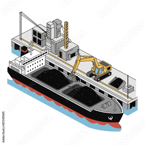 Isometric illustration of a bulk carrier ship being loaded with coal at a port terminal.