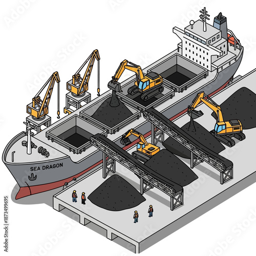 Isometric illustration of a bulk carrier ship being loaded with coal at a port terminal.