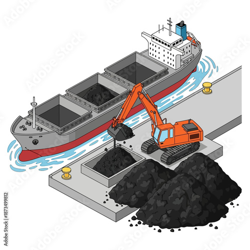 Isometric illustration of a bulk carrier ship being loaded with coal by an excavator at a port.