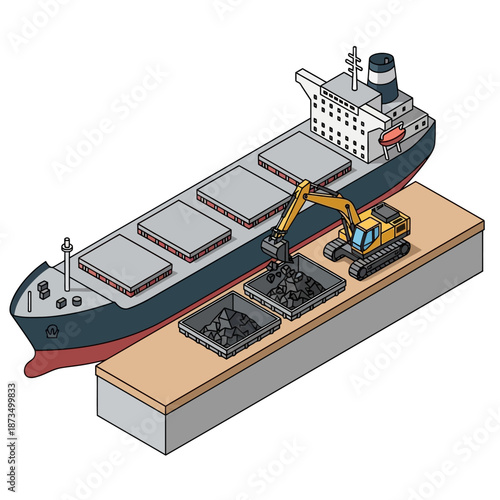 Isometric illustration of a bulk carrier ship being loaded with coal by an excavator at a port.