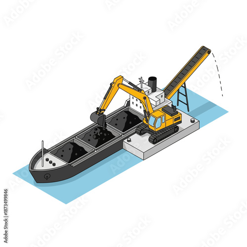 Isometric illustration of a bulk carrier ship being loaded with coal by an excavator on a floating platform.