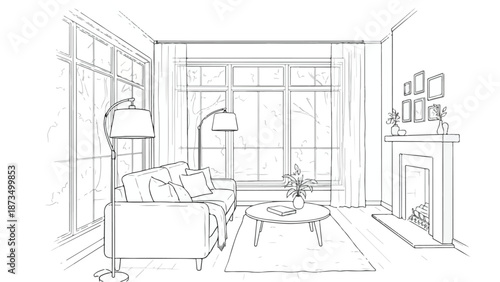Cozy modern living room interior with fireplace sketch