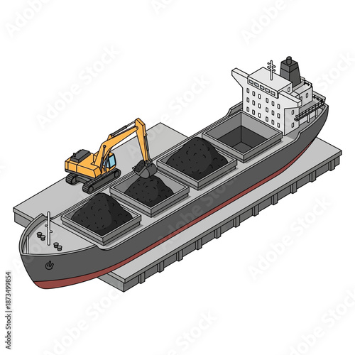 Isometric Illustration of a Bulk Carrier Ship Being Loaded with Coal by an Excavator.