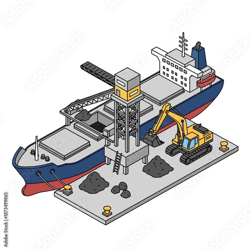 Isometric illustration of a cargo ship being loaded at a port.