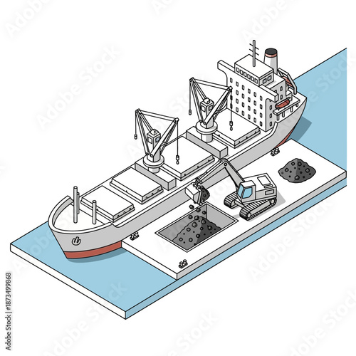 Isometric illustration of a cargo ship being loaded with bulk materials by an excavator at a port.
