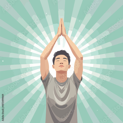 Devout Muslim man making Dua supplication flat vector illustration