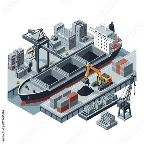 Isometric illustration of a cargo ship being loaded with coal at a port.