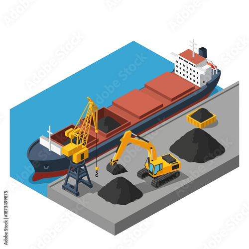 Isometric illustration of a cargo ship being loaded with coal at a port.