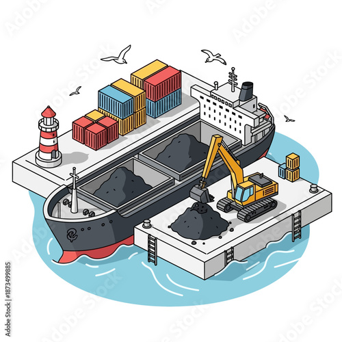 Isometric illustration of a cargo ship being loaded with coal at a port.
