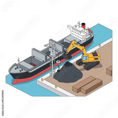 Isometric illustration of a cargo ship being loaded with coal by an excavator at a port.