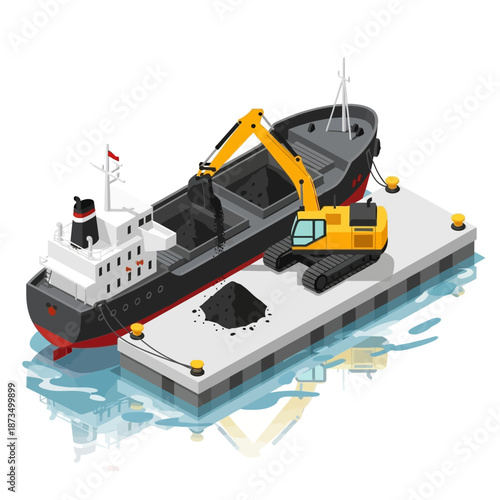 Isometric illustration of a cargo ship being loaded with coal by an excavator on a dock.