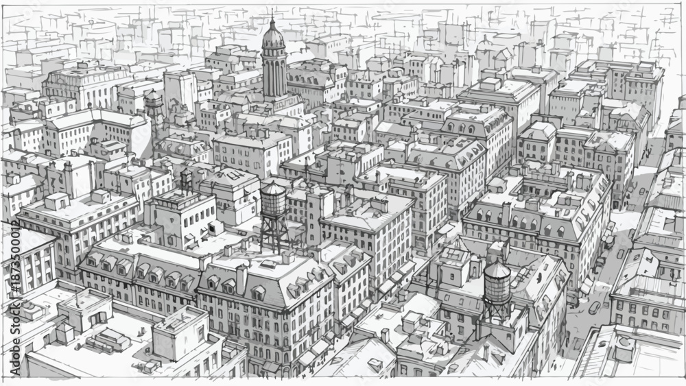 Obraz premium Bird eye perspective sketch of dense urban city view