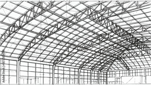 Modern glass pavilion with steel roof structure sketch