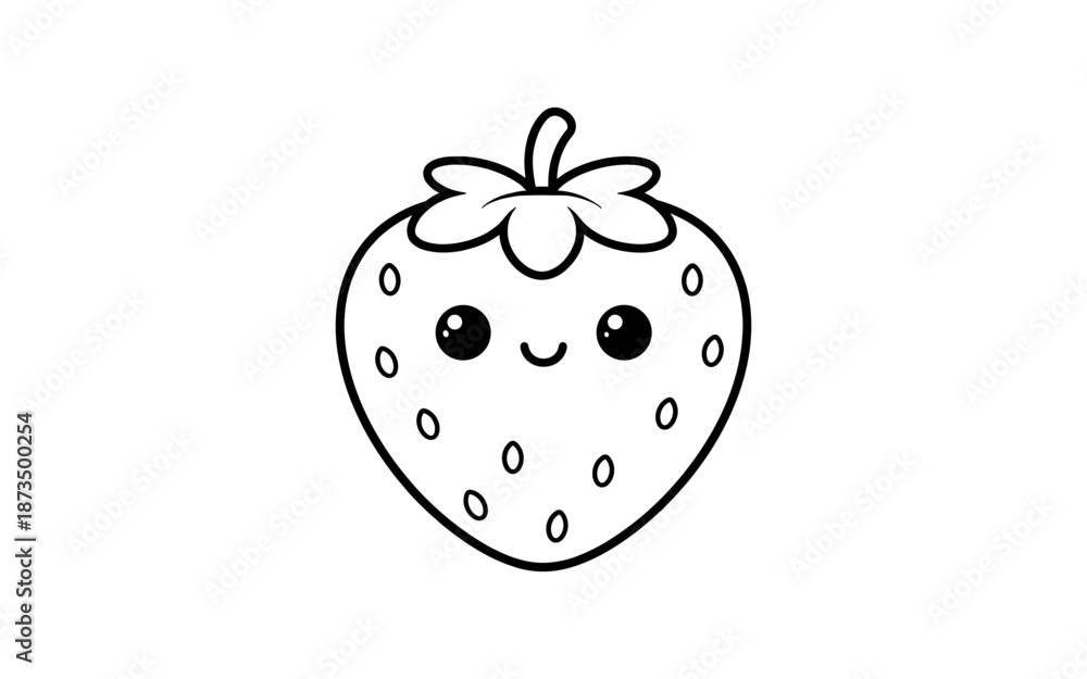 Fototapeta premium Cute kawaii strawberry with smile in simple black and white line art
