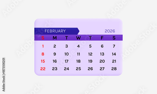 February 2026 calendar with a flat design and a purple color combination.