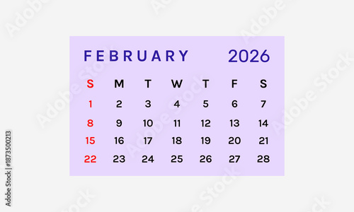 February 2026 calendar with a flat design vector