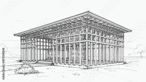 Contemporary wooden pavilion structure architectural sketch
