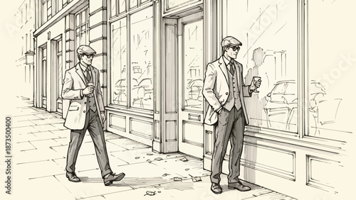 Vintage gentlemen standing by shop window sketch