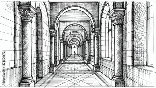 Classic arched corridor hallway interior design sketch