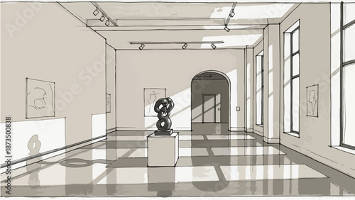 Modern minimalist art gallery interior exhibition space sketch