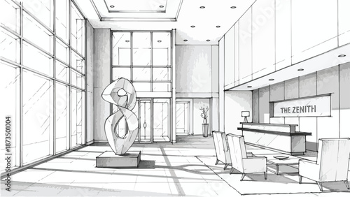 Contemporary hotel lobby interior with reception desk sketch