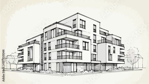 Modern luxury apartment building facade and exterior sketch