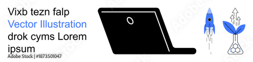 Business growth, innovation, technology development, startup strategy, success, teamwork. Black laptop, blue rocket plant symbol with arrows. Business growth and innovation concepts