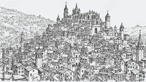 Dense historic hillside town with classic european architecture sketch