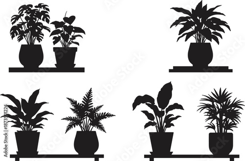 "Collection of indoor potted plant silhouettes on shelves, modern botanical vector illustration set featuring houseplants and decorative foliage designs"