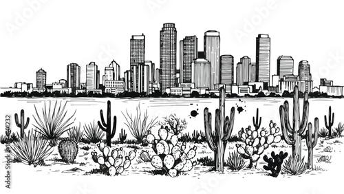 Modern waterfront city skyline with desert landscape sketch