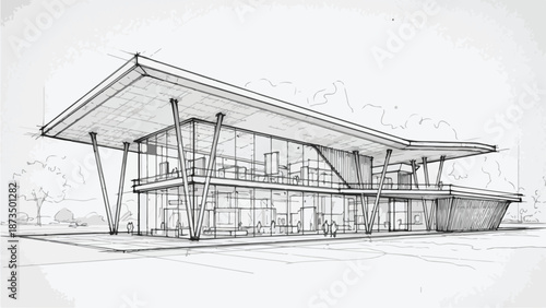 Modern waterfront pavilion and public park structure sketch