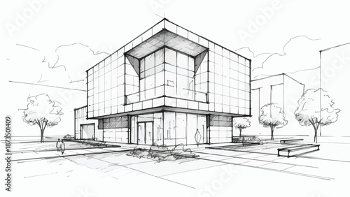 Modern geometric minimalist building facade exterior sketch