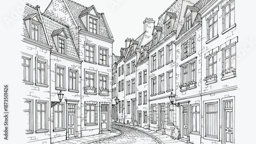 Old european town narrow street with historic buildings sketch