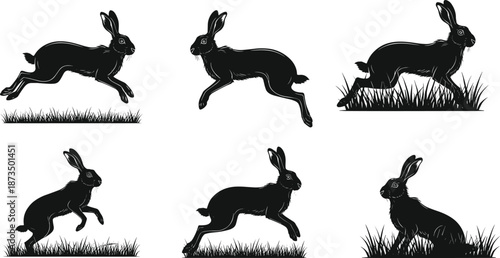 "Set of black rabbit silhouettes showing running, jumping, and sitting hare poses with grass details on clean white background, wildlife vector illustration"