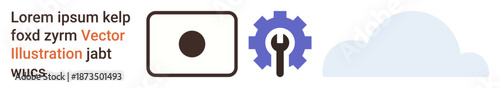 Cloud computing, tools, media design, data storage, digital maintenance, and innovation. A cloud with a gear and a camera icon. Cloud computing and tools concept