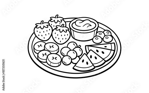 Cute cartoon fruit platter with dip, perfect for healthy eating and kids' snacks