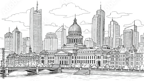 Classic city skyline with cathedral dome architectural sketch