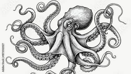 Detailed anatomical sketch of giant octopus sea creature