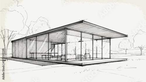 Minimalist modern glass pavilion structure architectural sketch