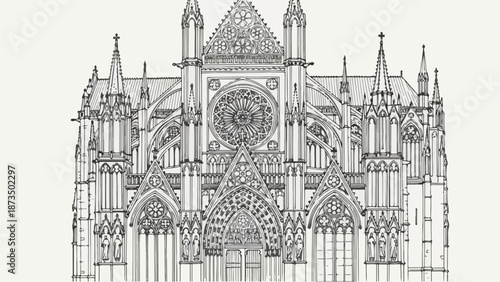 Detailed gothic cathedral facade architectural line art