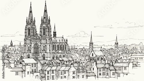 Detailed european city panorama with cathedral architectural sketch