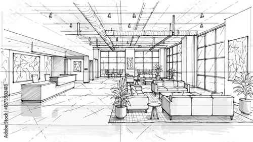 Modern office interior lobby workspace architectural sketch