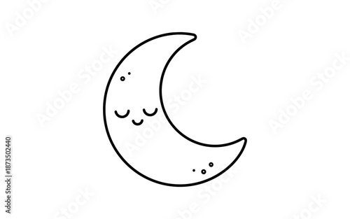 Cute crescent moon with closed eyes and smiling face, simple line art