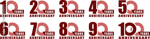 アニバーサリーのロゴ「10周年、20周年、30周年、40周年、50周年、60周年、70周年、80周年、90周年、100周年」
