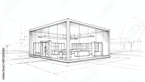 Minimalist glass pavilion interior architectural sketch