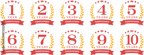 アニバーサリーのロゴ「1周年、2周年、3周年、4周年、5周年、6周年、7周年、8周年、9周年、10周年」
