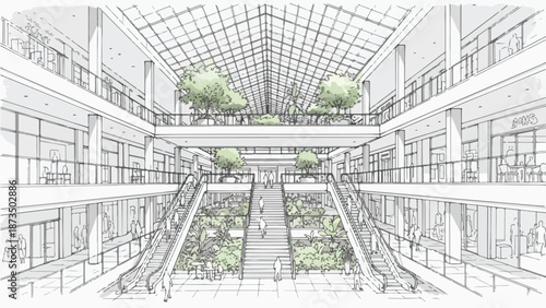 Modern shopping mall atrium interior sketch