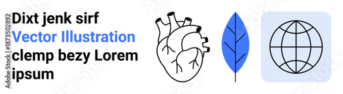 Nature conservation, health awareness, education, biology, global connection, environmental care. Stylized black heart, blue leaf globe and placeholder text. Nature conservation and health