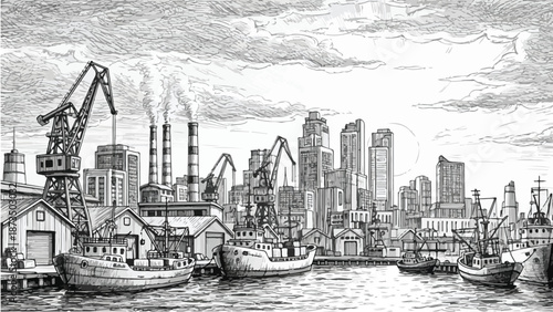 Industrial port harbor with city skyline sketch